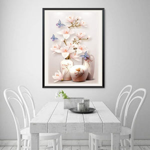 5D DIY Diamond Painting - Full Round - Butterflies Magnolia Vase